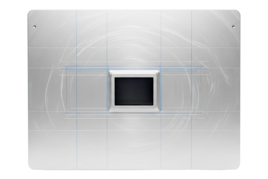 Brushed metal plate with a small blank digital screen in the center isolated on transparent background