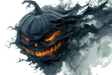 Halloween theme of horror and darkness, with a pumpkin silhouette emerging from inky black clouds and wisps of soot, barely visible embers