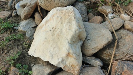 Rough textured natural stones and pebbles scattered on earthy ground with sparse green foliage and dry twigs