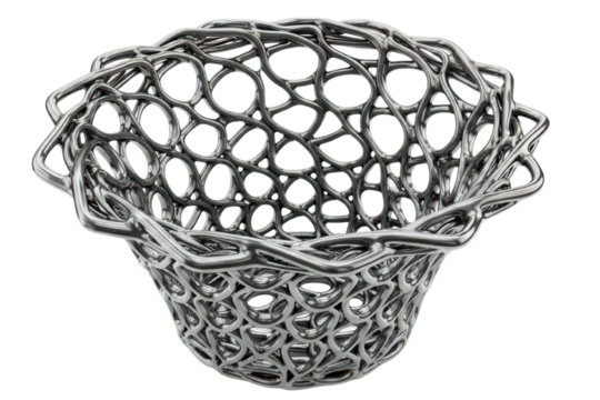 Modern decorative wireframe metal fruit basket isolated on transparent background