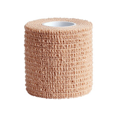 Tan elastic bandage roll stands tall against a black background, revealing textured, wound-care material
