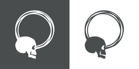 Símbolo pirata. Logo con vista lateral de calavera humana en marco circular con líneas para felicitaciones y tarjetas de Halloween © teracreonte