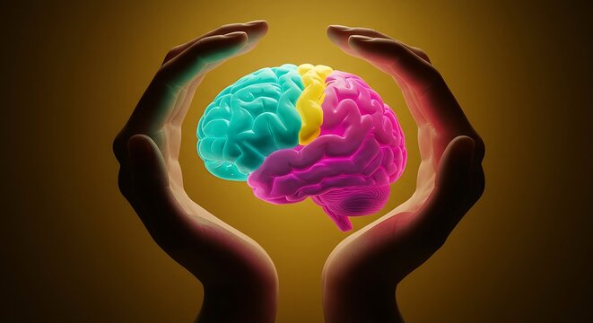 Human hands protectively cradling a colorful brain model, symbolizing mental health and the importance of cognitive function in a warm, supportive atmosphere.