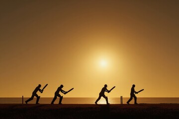 Cricket batsman playing shot sequence at sunset