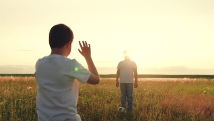 People nature, child kid playing ball lawn outdoors, happy childhood schoolchildren sunset, happy children playing soccer on a summer day., boys and their football on the playground lawn., happy