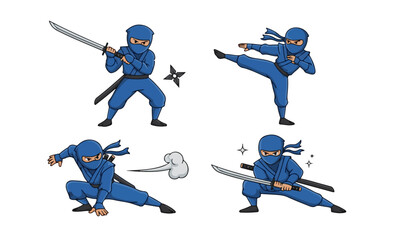 Set of Four Dynamic Blue Ninja Action Poses