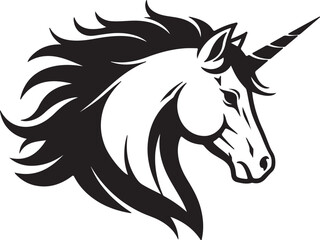 Stylized black and white silhouette of a unicorn head with a flowing mane and horn horse mythical also transparent background