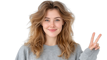 Cheerful Young Woman Showing Peace Sign with Curly Blonde Hair and Freckles Wearing a Grey Sweater Against a Transparent Background in a Studio Portrait