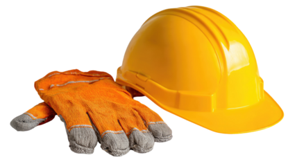 Yellow hard hat resting beside orange work glove representing construction safety equipment and industrial protection gear on white background
