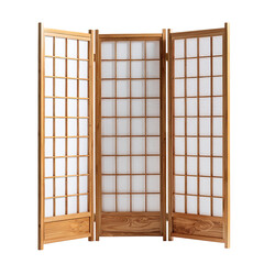 A three-panel, wooden folding screen with paper panels and a grid pattern