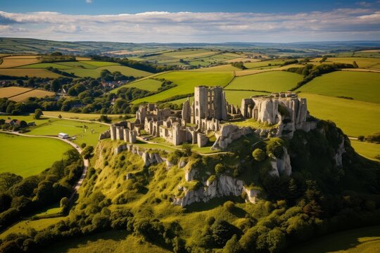 Aerial view of the ruins of corfe castle standing on a hill in the beautiful countryside of dorset, uk
