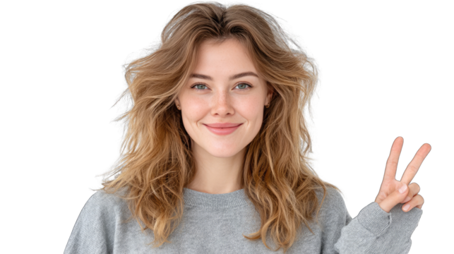 Cheerful Young Woman Showing Peace Sign with Curly Blonde Hair and Freckles Wearing a Grey Sweater Against a Transparent Background in a Studio Portrait