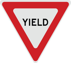 Red and white triangular yield sign with black text traffic road