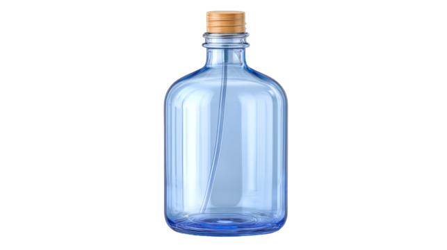 Clear Blue Plastic Spray Bottle with Cork Stopper and Internal Straw Mechanism Detailed Close Up Studio Shot on Transparent Background