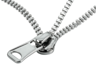 Close-up of a chrome metal zipper, partially open against a stark black background