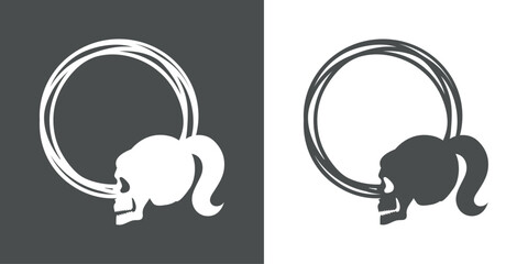 Símbolo pirata. Logo con vista lateral de calavera humana con pelos recogidos en una coleta en marco circular con líneas para felicitaciones y tarjetas de Halloween © teracreonte