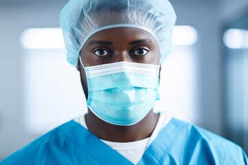 Portrait of a confident surgeon wearing a surgical mask and cap, ready for surgery in a modern hospital operating room