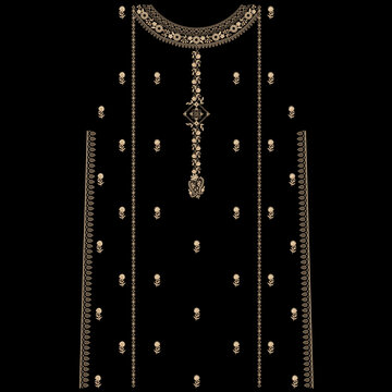 Isolated asian indian embroidery neckline and lace border design , daman design and all over shirt front design women wear for digital and textile print on fabric.
