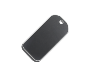 A sleek, rectangular tag with a rounded edge and a hole for attachment, featuring a matte black surface and a metallic border.