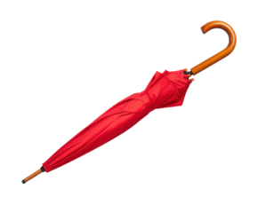 A vibrant red umbrella featuring a curved, wooden handle, showcasing its compact design and contrasting colors.