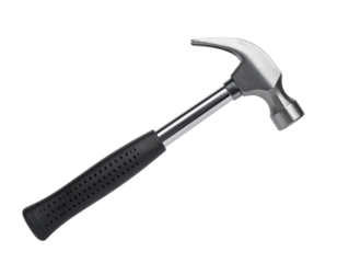 A metallic hammer with a rubber grip, designed for driving nails and construction tasks.
