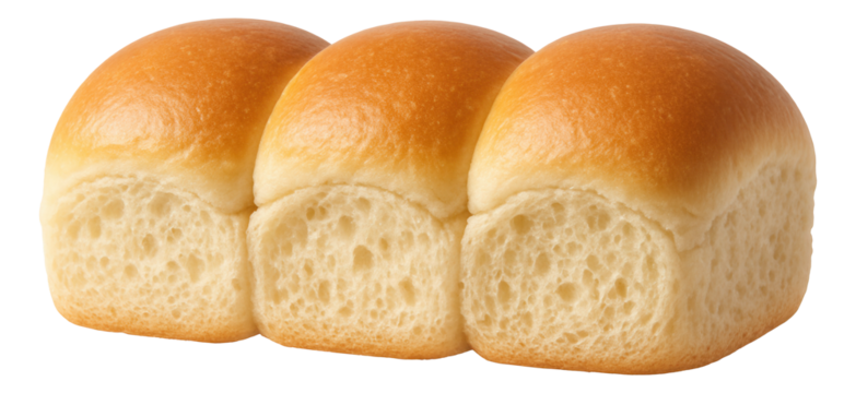 Three soft, golden brown bread rolls aligned in a row with a fluffy texture and smooth tops.