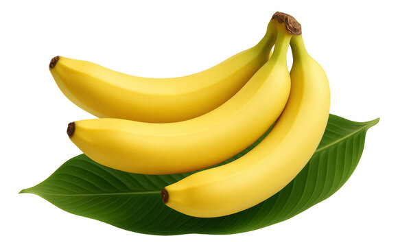 Three ripe yellow bananas arranged on a green banana leaf.