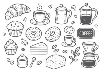 Hand-Drawn Coffee and Pastries Doodle Collection Sweet Food Doodle Illustration | Cute Bakery Dessert Outline Collection
