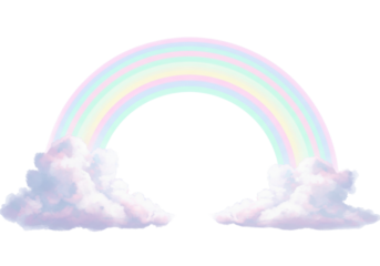 Isolated pastel rainbow arch over clouds, cartoon design element, ethereal atmosphere