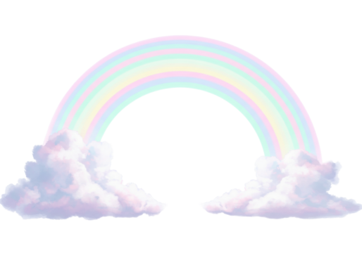 Isolated pastel rainbow arch over clouds, cartoon design element, ethereal atmosphere