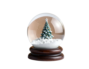 Clear globe holds a miniature tree atop snowy base, resting on a wooden stand