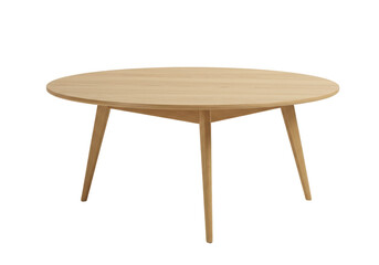 Isolated round wooden coffee table with three legs for home décor in neutral tones finish