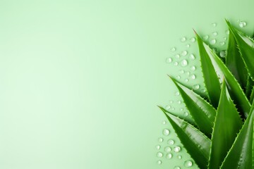 Obraz premium Aloe vera leaves with water drops arranged on a green background evoke freshness and natural wellness, ideal for skincare and healthcare products
