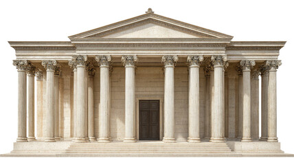 Naklejka premium Tan Doric style facade featuring five tall stone columns and a partially visible triangular pediment on white background