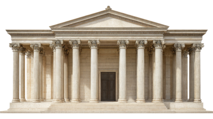 Tan Doric style facade featuring five tall stone columns and a partially visible triangular pediment on white background