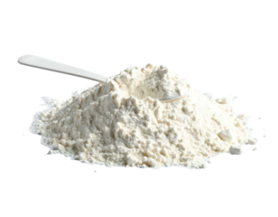 A pile of white powder with a spoon, isolated on a black background