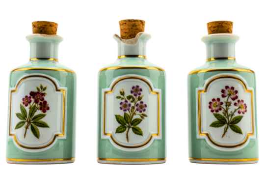 Three vintage porcelain apothecary bottles with painted flowers isolated on transparent background