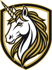 Unicorn Head Mascot Vector Crest or Emblem. Mythical Horse Logo Design on Shield in Gold, Black and White