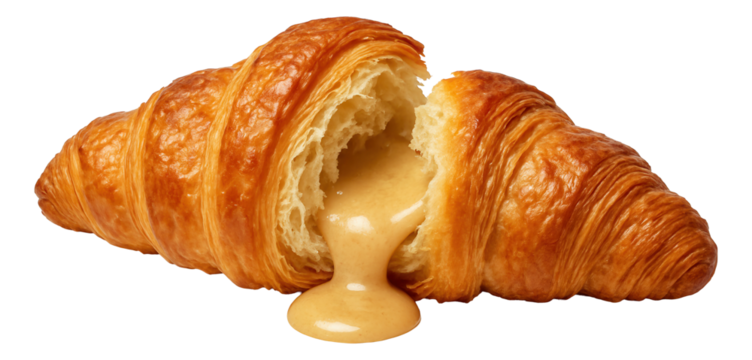 Flaky croissant with a creamy, golden filling oozing from its center.