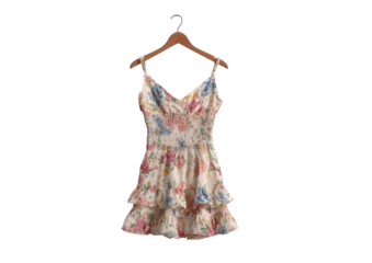 Floral, ruffled summer dress hangs on a wooden hanger against a plain black backdrop