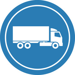White semi truck silhouette inside blue circle with white border lorry vehicle