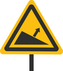 Yellow triangle warning sign with black arrow pointing uphill on a pole vector