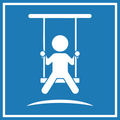 White stick figure person on swing set icon on blue background play child