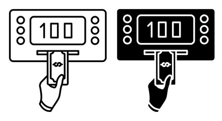 Linear icon. Consumer deposits US dollars in cash and tops up balance of a bank card or e wallet through a banking terminal. Simple vector isolated on white background