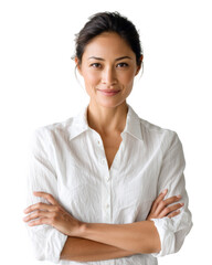 Confident female leader arms crossed portrait confident smile, isolated transparent Background