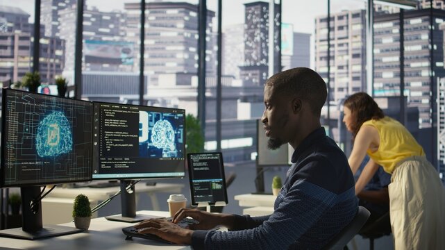 Programmer creating AI machine learning models that can analyze data to automate decision making processes, handheld camera shot. IT professional doing artificial intelligence programming, camera B