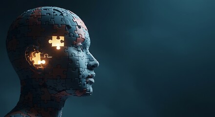 Human head made of puzzle pieces glows with missing parts, symbolizing memory loss and cognitive decline on a dark blue backdrop.