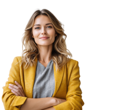 Confident female leader, business, portrait, smile, yellow blazer, isolated transparent Background