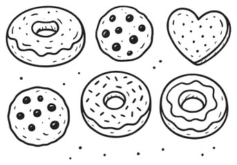 Hand-Drawn Donuts and Cookies Outline Set Cartoon Dessert Vector | Hand-Drawn Bakery Snack Pattern Background