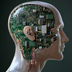 Human head with integrated circuits, Tech-Enhanced Human Head, Circuit Brain Fusion, Human Machine Interface, Tech-Integrated Head Design, Artificial Intelligence Integration,. Futuristic Human Brain 